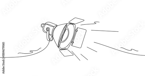 Black and white line drawing of theater spotlight with light rays and shadows. No editable strokes