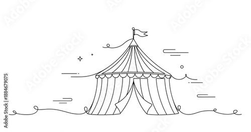 Whimsical circus tent illustration with flag and stars on white background. No editable strokes
