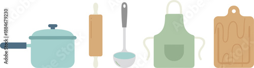 Kitchen Tools Illustration Set Featuring Cooking Pot, Rolling Pin, Ladle, Apron, and Wooden Cutting Board