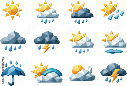 Low-Poly Weather Icons. Sun shining through rain illustrated as a cohesive low-poly vector icon set built from angular polygonal