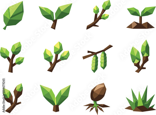Spring Low-Poly Icons. Early spring leaves and budding plants illustrated as a cohesive low-poly vector icon set built from