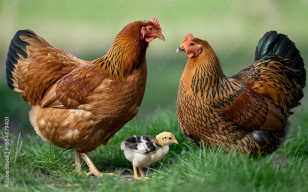 Fototapeta premium Three chickens and a chick standing together on green grass