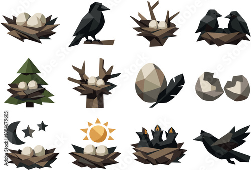 Rook Nest Icons. Low-poly polygonal vector icon set focused on rook’s nest, bird habitat, seasonal nesting, and natural wildlife,
