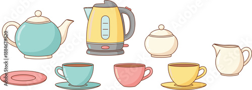 Tea Set and Kitchenware Illustration Set Featuring Teapot, Electric Kettle, Cups, Saucers, Sugar Bowl, and Creamer Pitcher