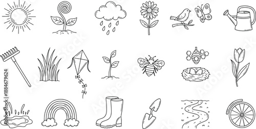 Hand drawn garden and nature doodle icons set with plants flowers insects tools weather elements for eco design education illustration and creative projects