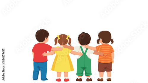 Four adorable small children, two boys and two girls, seen from behind, standing united with arms around each other's shoulders, depicting strong friendship.
