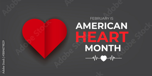 February is American Heart Month awareness banner with red heart symbol and pulse line on dark grey background, professional medical healthcare vector design. Heart month with paper heart