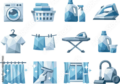 Low-Poly Laundry Icons. Home laundry and curtain cleaning represented through a professional low-poly vector icon set using crisp