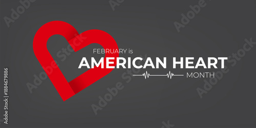 February is American Heart Month awareness banner with red heart symbol and pulse line on dark grey background, professional medical healthcare vector design. Heart month with paper heart