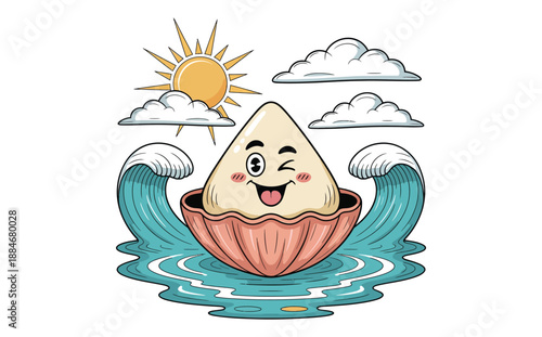 A cheerful cartoon illustration depicts a smiling pearl character nestled inside a seashell gently riding ocean waves under a bright sun and fluffy clouds.