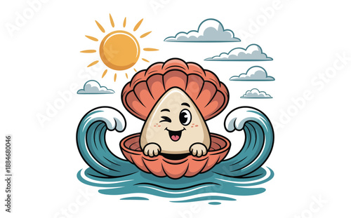 A cheerful cartoon illustration depicts a smiling pearl character nestled inside a seashell gently riding ocean waves under a bright sun and fluffy clouds.