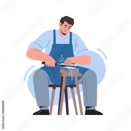 Caucasian male adult sharpening knife on whetstone with apron