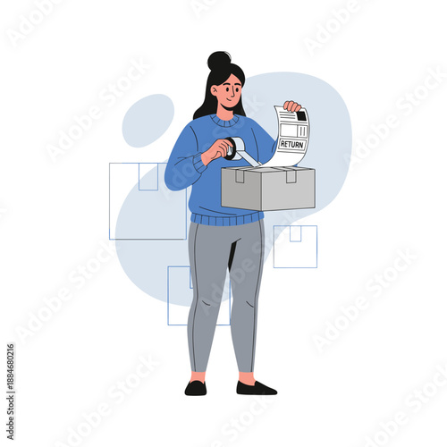 Young hispanic female returning package with form and box