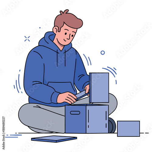 Young caucasian male assembling furniture with instruction manual