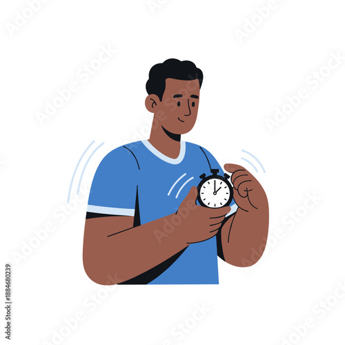 Young african male holding stopwatch in blue sportswear