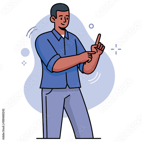 Young african male pointing upward wearing blue shirt and pants illustration