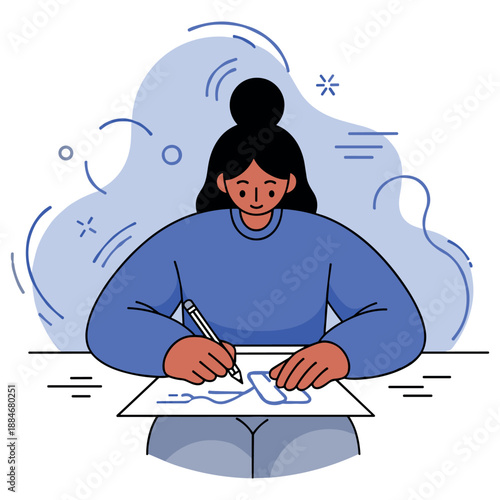 Female artist drawing at desk with blue background