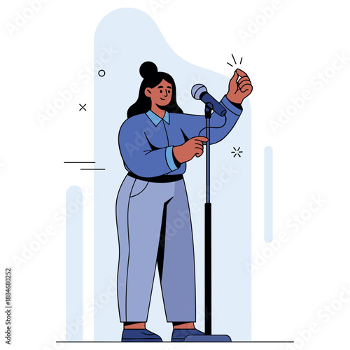 Female asian young adult comedian performing stand-up comedy with microphone