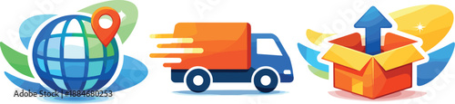 Global Logistics Icons. Fluid abstract composition symbolizing global logistics and delivery, three symbolic icons arranged