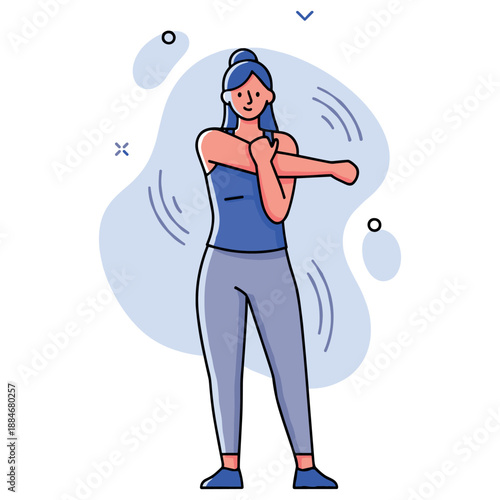 Young female stretching exercise in stylish athletic outfit with blue tones