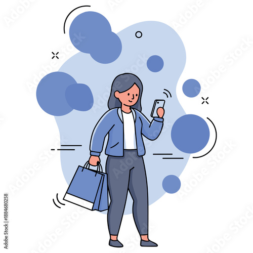 Young asian female shopping with smartphone and bags in hand