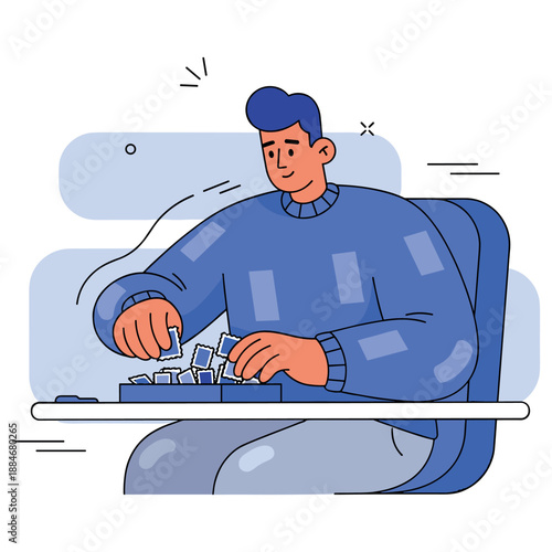 Young asian male enjoying puzzle game at desk in blue sweater