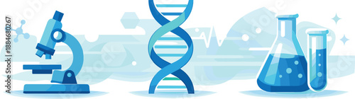 Scientific Icons Illustration. Abstract scientific workspace representing research and experimentation, three symbolic icons