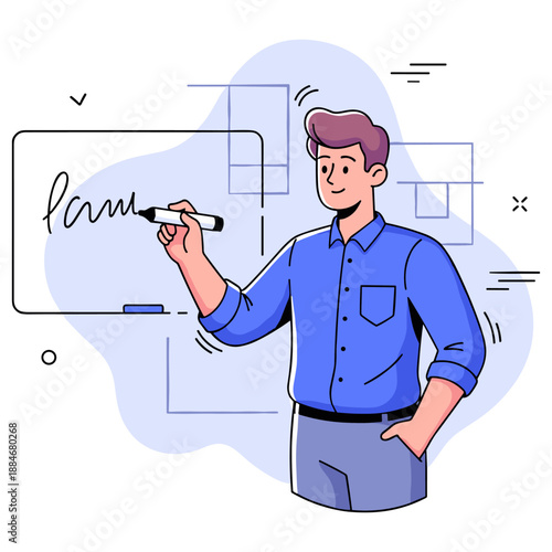 Young caucasian male teacher drawing on whiteboard in classroom illustration