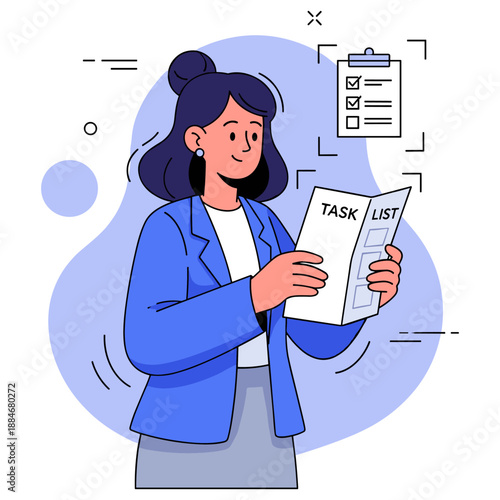 Young asian female professional reviewing task list with clipboard in hand