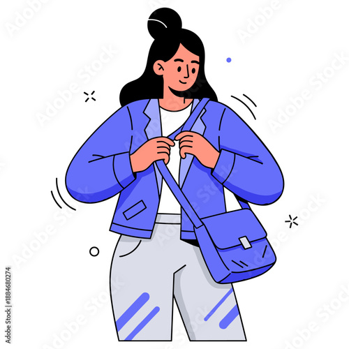 Asian female young adult in casual wear with blue jacket and shoulder bag