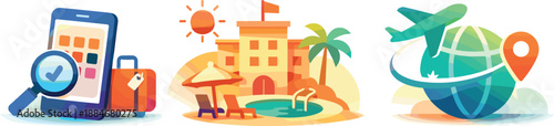 Travel Booking Icons. Geometric hospitality composition illustrating modern travel booking experience, three symbolic icons