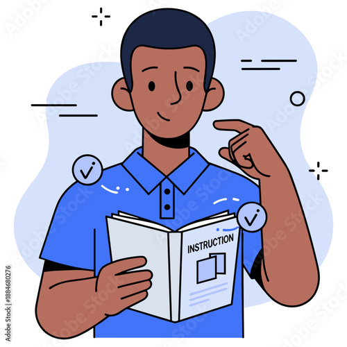 African male reading instruction book with thoughtful expression