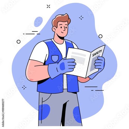Caucasian male adult constructor reading safety manual in protective gear