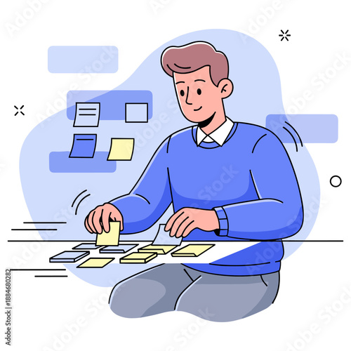 Young caucasian male organizing notes at desk with sticky notes