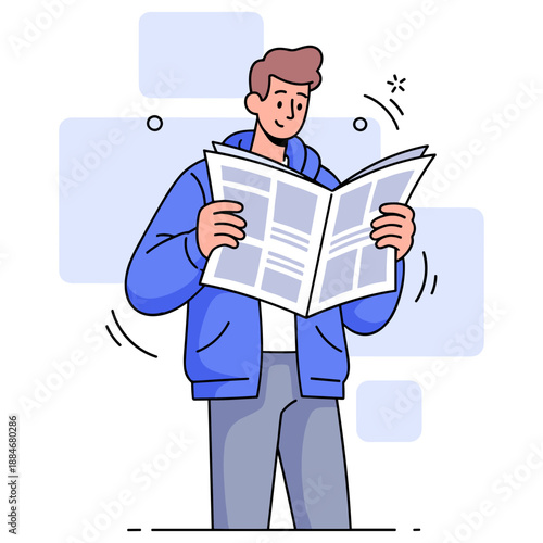 Young caucasian male reading newspaper in blue jacket with geometric background