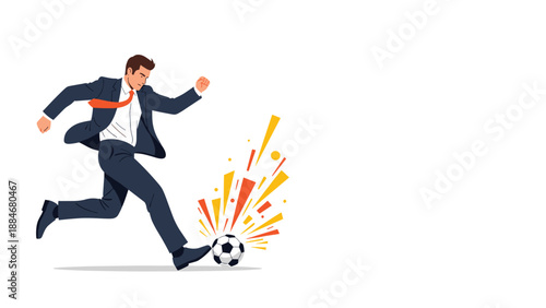 Energetic businessman in a suit and orange tie dynamically kicks a soccer ball, generating abstract explosion effects, symbolizing powerful business drive and goal achievement.