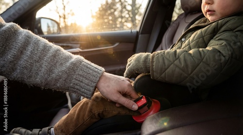 Adults hand buckles a child into a car seat, child wearing a quilted jacket. Golden hour light filters into the car interior. Focus on passenger safety.