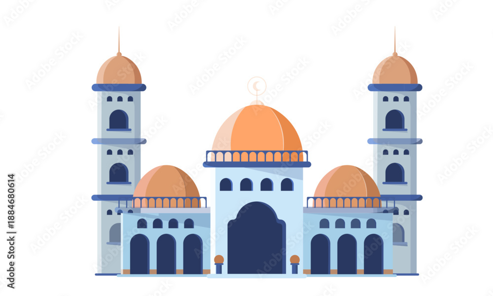Fototapeta premium Symmetrical flat design of an Islamic mosque with orange domes and blue minarets.