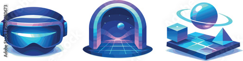 Immersive Virtual Reality Icons. Simulated reality environment visualized as abstract headsets, portals, and 3D spaces, three