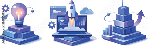 Modular Venture Ecosystem. Digital venture ecosystem expressed via modular products evolving from concept to scale, three symbolic