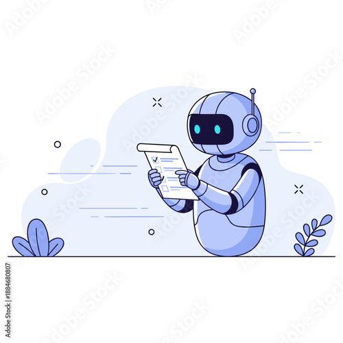 Friendly robot reading document in minimalistic illustration with plants