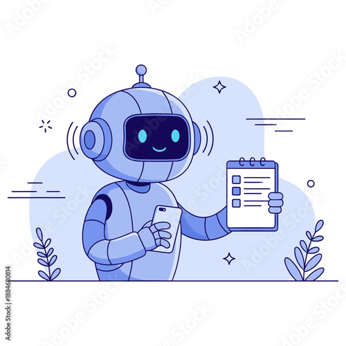 Cute robot with checklist and smartphone in hand-drawn illustration