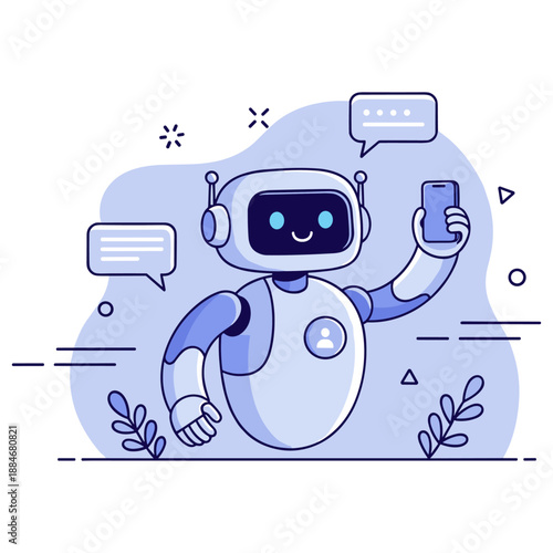 Friendly robot taking selfie with smartphone and chat bubbles