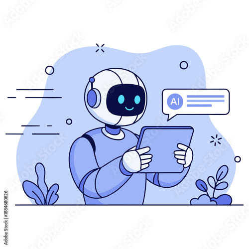 Friendly robot interacting with ai on tablet in minimalist blue design