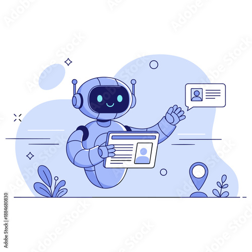 Friendly cartoon robot using tablet and messaging in blue digital landscape