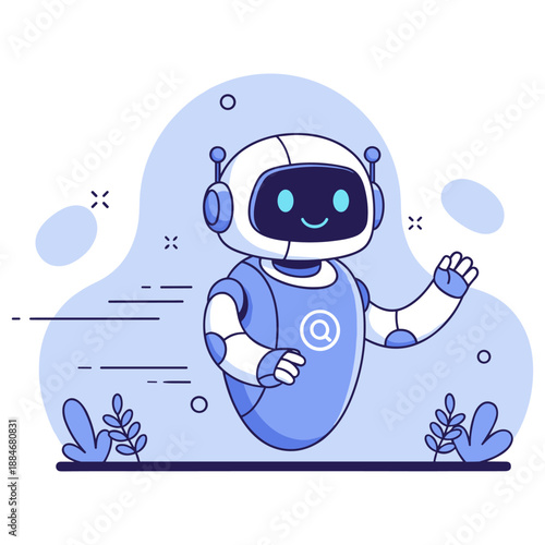 Cute blue robot with antennas waving in a minimalist digital art style