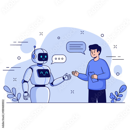 Friendly male interaction with robot in futuristic setting