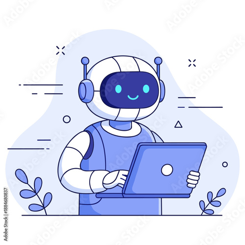 Cute robot cartoon using laptop in blue futuristic illustration