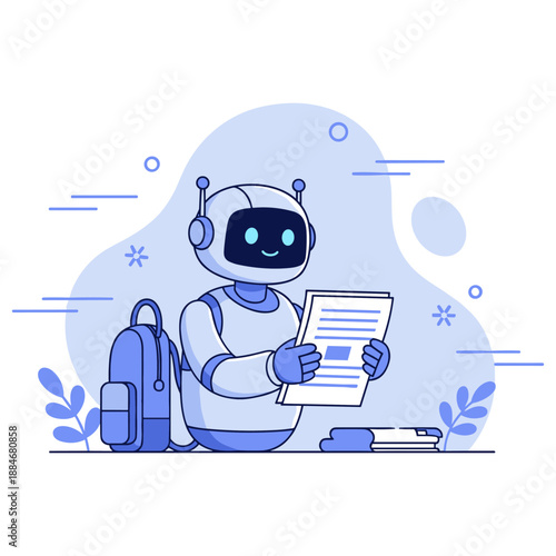 Friendly blue robot studying with backpack and books in a minimalistic design