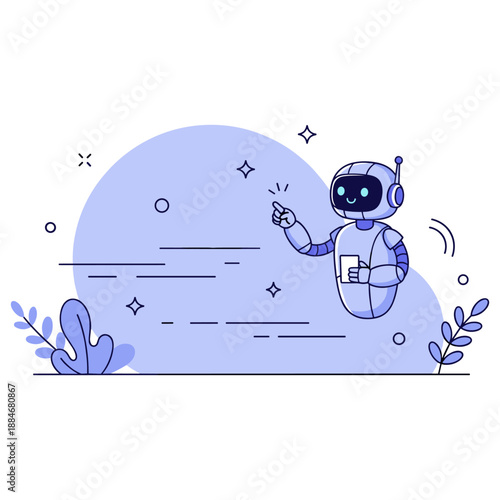 Smiling robot waving hand in minimalistic digital art scene